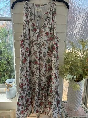 Max Studio White Floral Sleeveless Tiered Midi Dress with Pink & Green Print